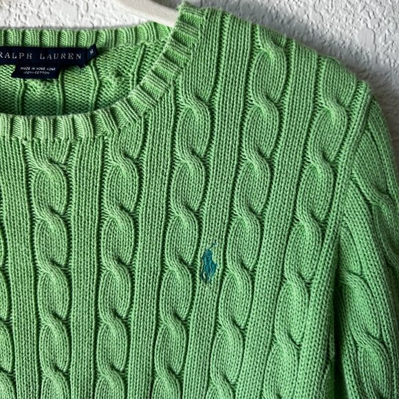 Vintage Ralph Lauren Sweater Womens Size M Green Cable Knit 100% Cotton Pullover - Picture 4 of 8